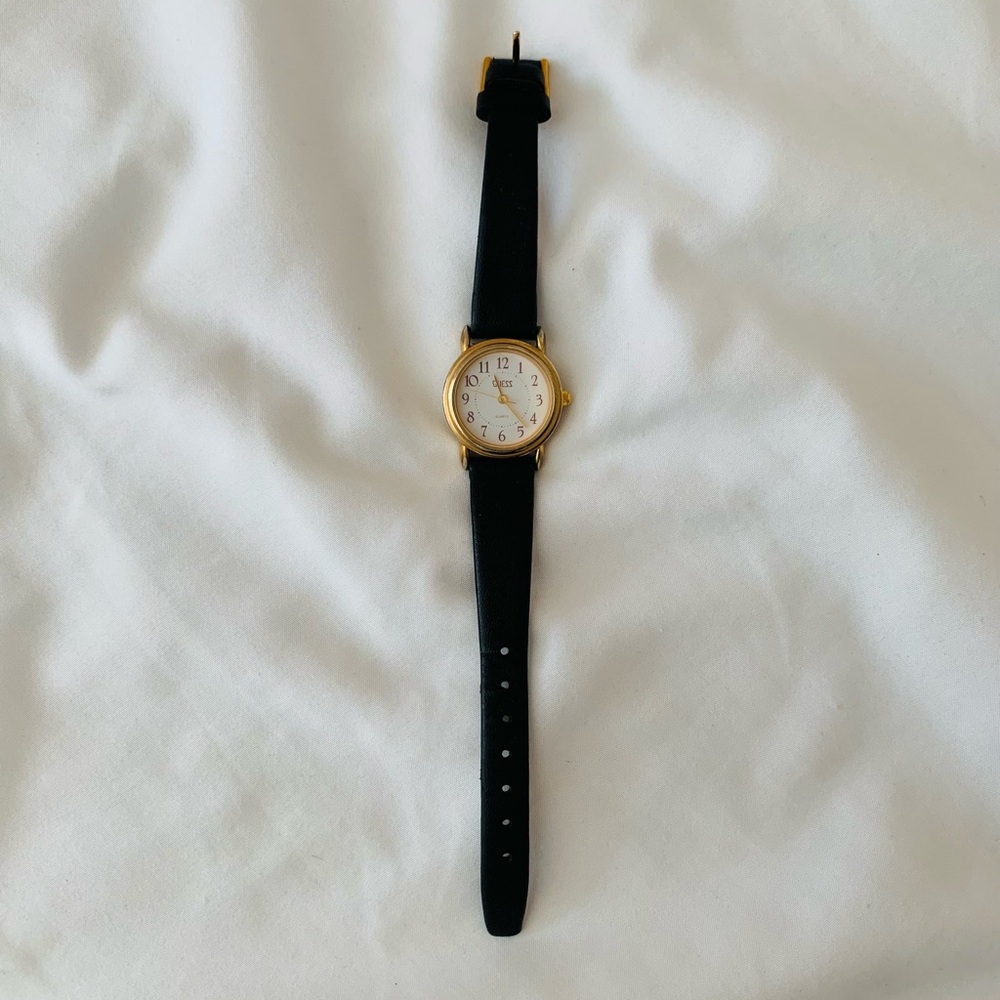 Guess Women's Black Gold Tone Genuine Leather Analog Watch- TESTED